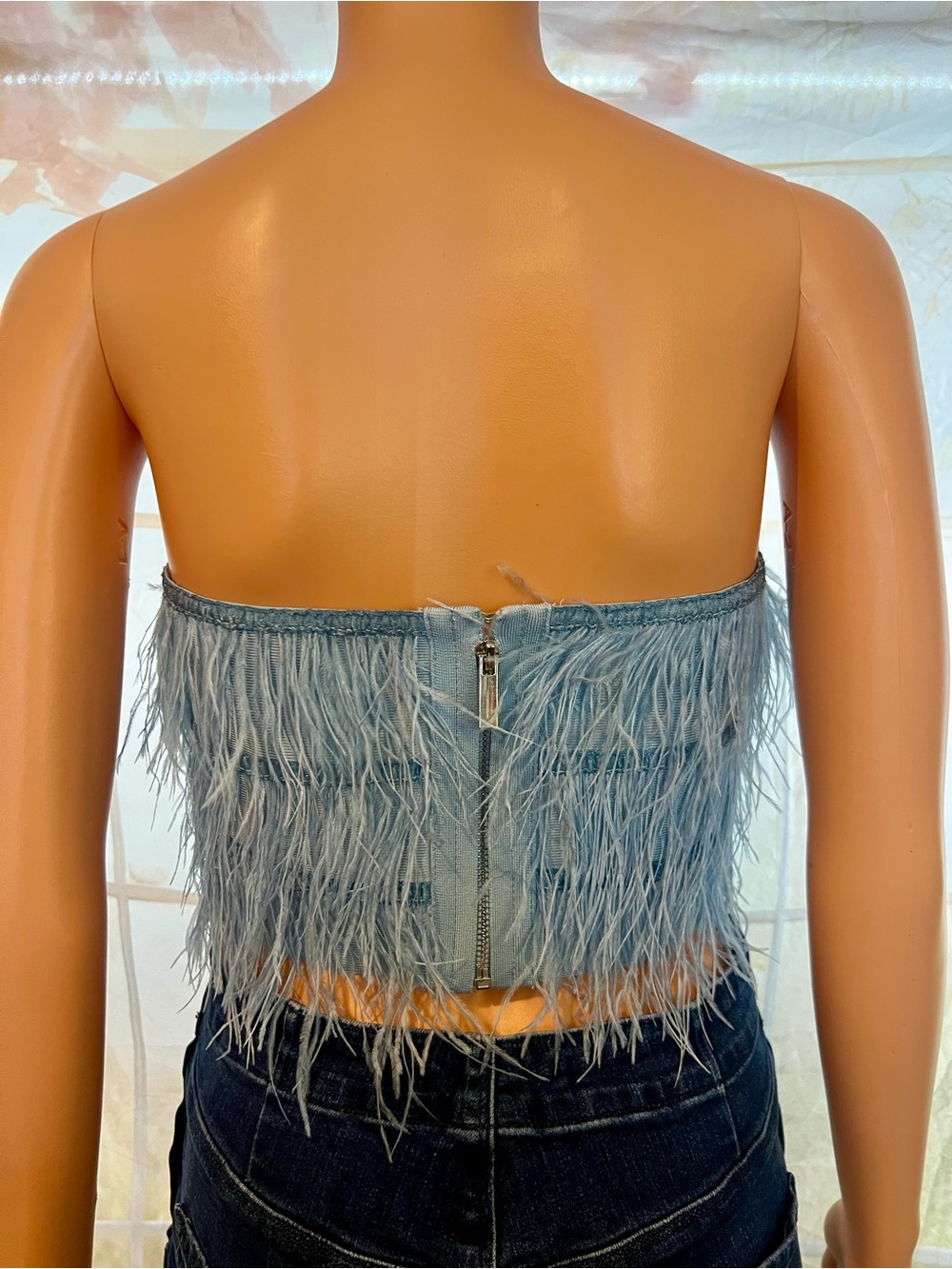 Light Blue Feather-Trim Strapless Crop Top - Picture 2 of 5
